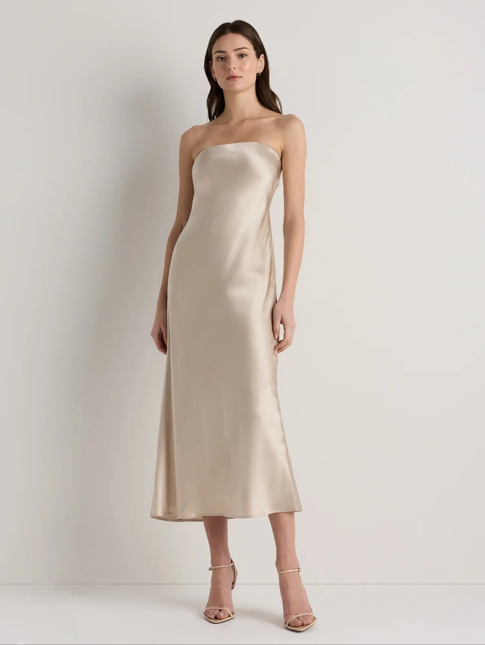 Quince Washable Strapless Satin Slip Dress in Champagne NWT